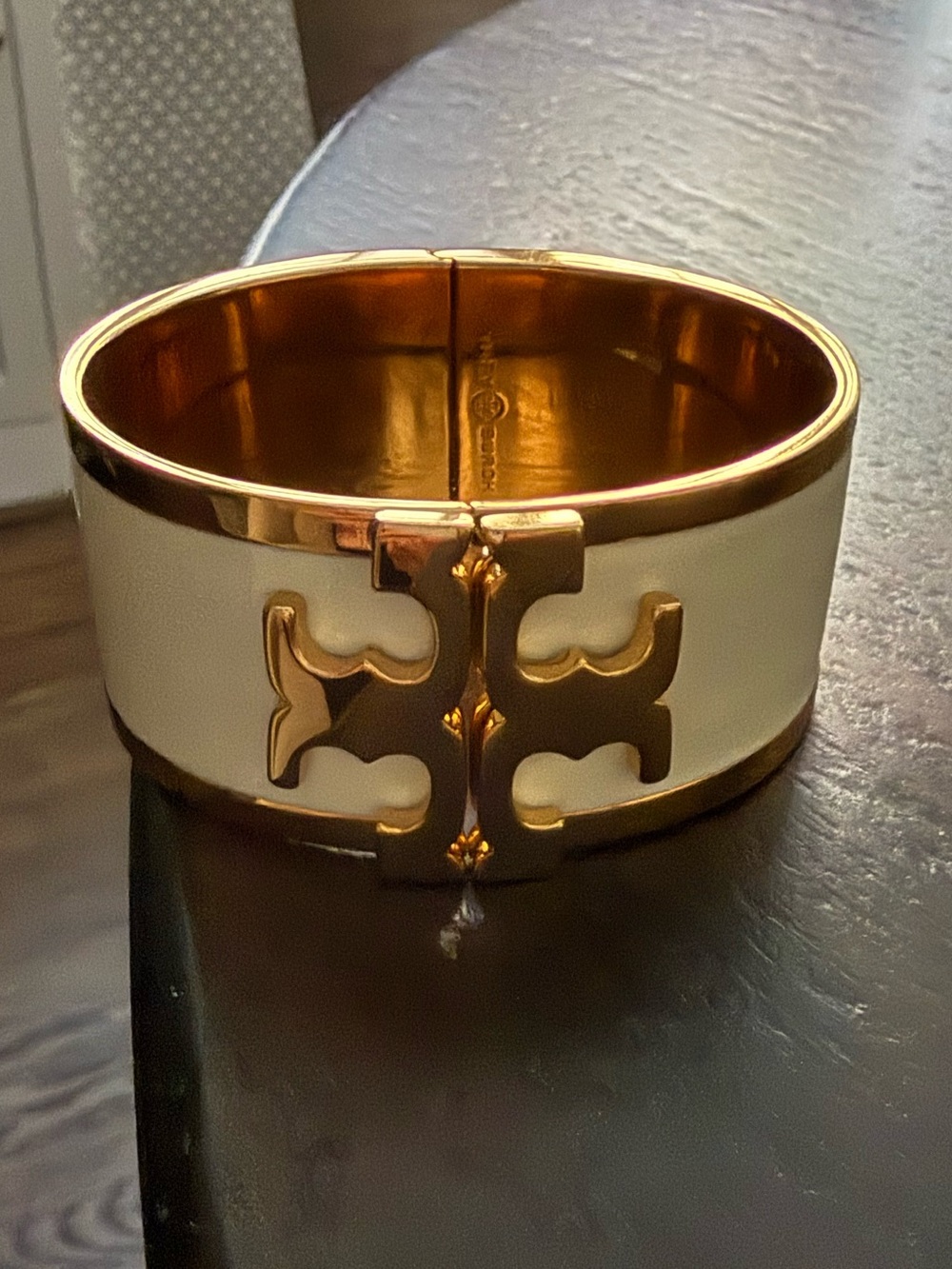 Tory Burch Gold and Cream Metal Cuff Bracelet - Logo Accent